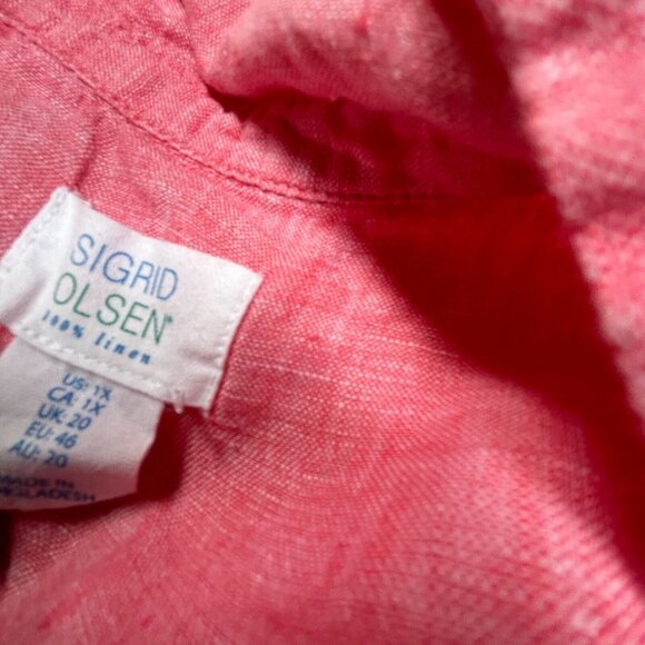 Sigrid Olsen Women's Plus Size 1X Red Linen Roll-Tab Sleeve Button-Up Blouse - Picture 3 of 7